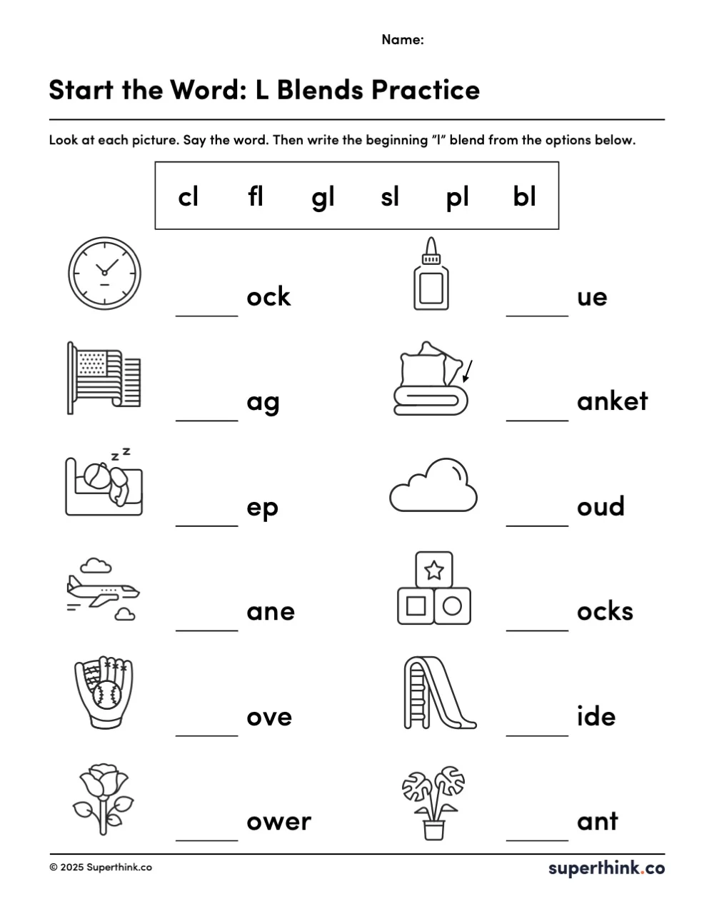 A printable L blend worksheet showing images of common L blend words like plane, flag, glue, and slide, with blank spaces for students to write the beginning blend.