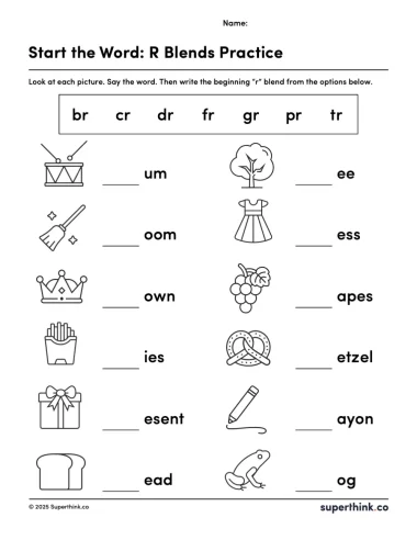 A printable R blend worksheet showing images of common R blend words like drum, broom, crown with blank spaces for students to write the beginning blend.