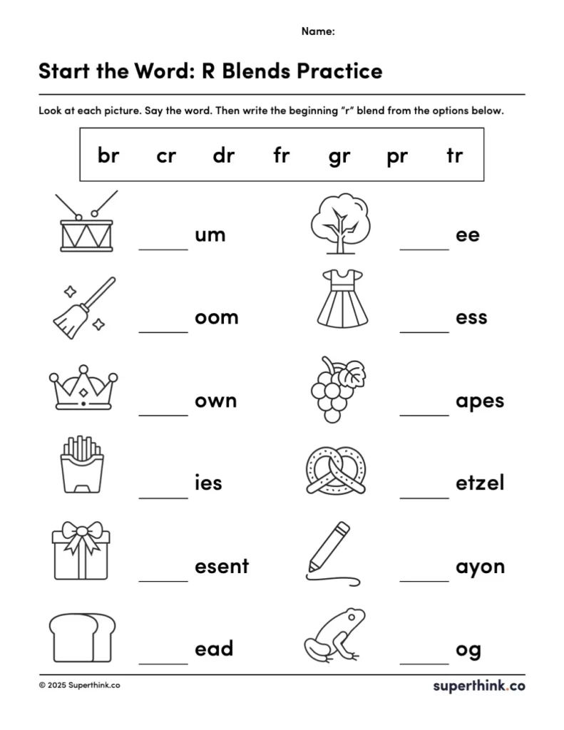 A printable R blend worksheet showing images of common R blend words like drum, broom, crown with blank spaces for students to write the beginning blend.