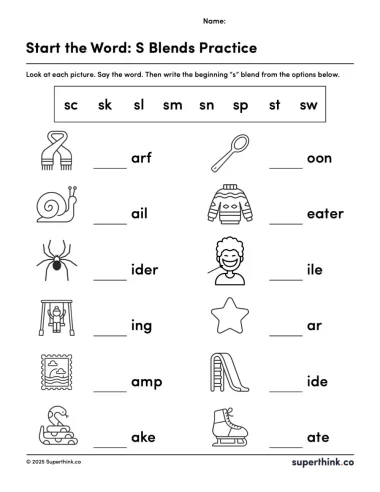 A printable S blends worksheet showing images of common S blend words like slide, skate, snail, spider, stamp with blank spaces for students to write the beginning blend.