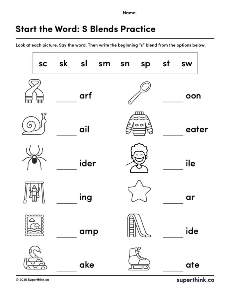 A printable S blends worksheet showing images of common S blend words like slide, skate, snail, spider, stamp with blank spaces for students to write the beginning blend.