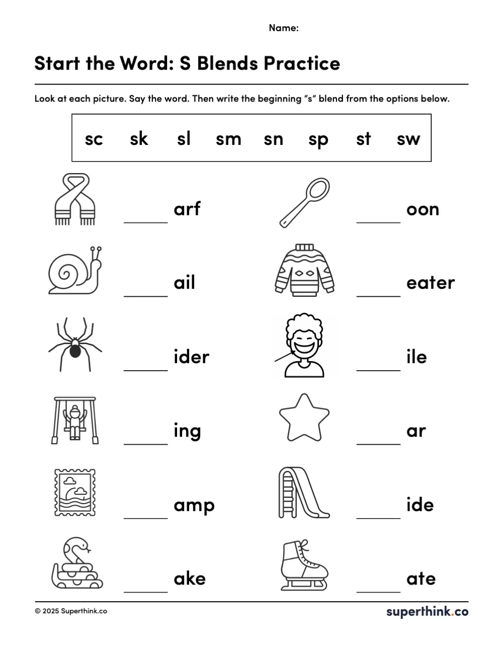 A printable S blends worksheet showing images of common S blend words like slide, skate, snail, spider, stamp with blank spaces for students to write the beginning blend.