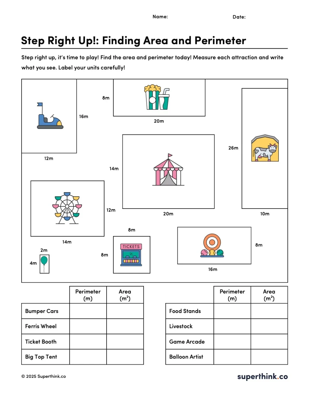 A colorful perimeter and area worksheet with a carnival theme. Rectangular and square shapes represent attractions like a big top tent, bumper cars, game arcade, and a ferris wheel platform. Students are asked to calculate the area and perimeter of each shape. Fun icons and carnival-themed illustrations decorate the page.