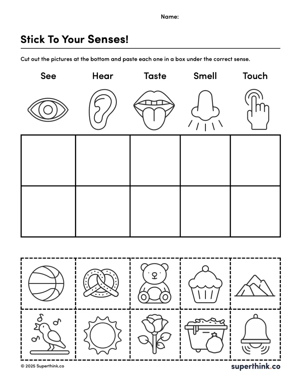 Image of a five senses worksheet for preschool and kindergarten. The worksheet includes five columns labeled with each sense (sight, sound, touch, taste, smell), with spaces for students to paste pictures of items that match each sense. Cut-out images include objects like a bell, cupcake, and a flower.