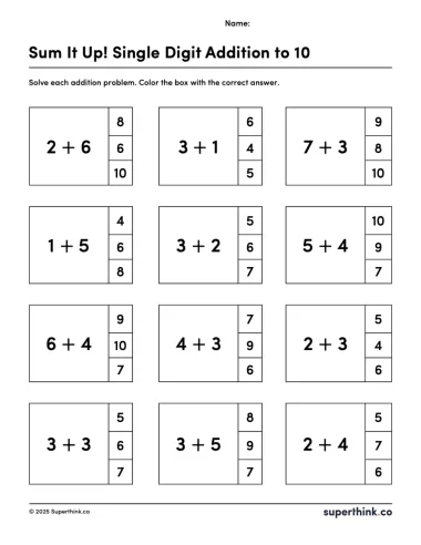 Image of a kindergarten and first-grade single digit addition worksheet featuring 12 simple addition problems with sums up to 10. Each problem includes three possible answers, and students are instructed to color the box with the correct sum.