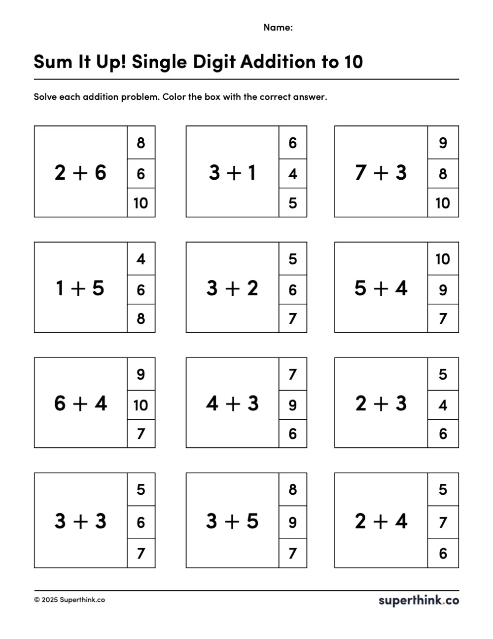 Image of a kindergarten and first-grade single digit addition worksheet featuring 12 simple addition problems with sums up to 10. Each problem includes three possible answers, and students are instructed to color the box with the correct sum.