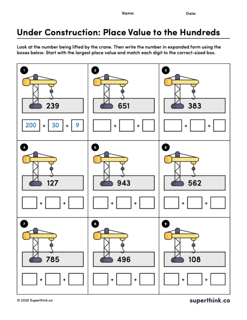 Illustrated worksheet shows a construction crane holding a large box with a 3-digit number inside. Beneath the box are three smaller boxes where students write the number in expanded form. One example is completed to guide students.