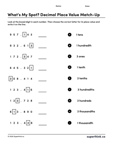 Decimal place value worksheet features numbers with one digit boxed in each. Students use a letter key to identify the place value of the boxed digit, which ranges from hundreds to thousandths. Instructions encourage students to choose the correct letter and write it on the line.