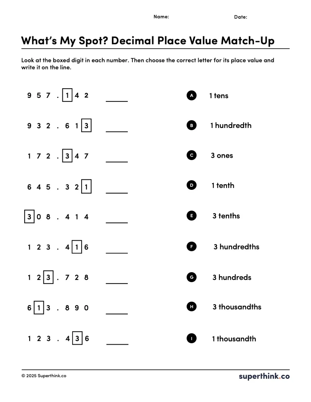 Decimal place value worksheet features numbers with one digit boxed in each. Students use a letter key to identify the place value of the boxed digit, which ranges from hundreds to thousandths. Instructions encourage students to choose the correct letter and write it on the line.