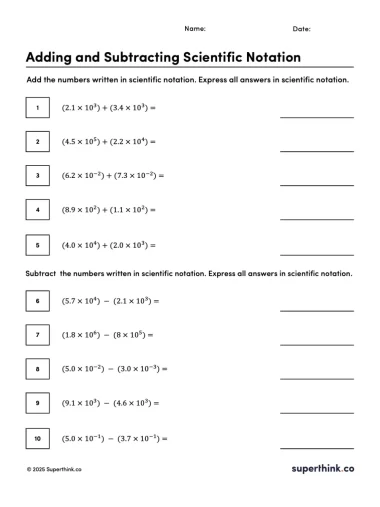 Image of an adding and subtracting scientific notation worksheet with 10 problems requiring students to add or subtract numbers written in scientific notation, including both like and unlike exponents.