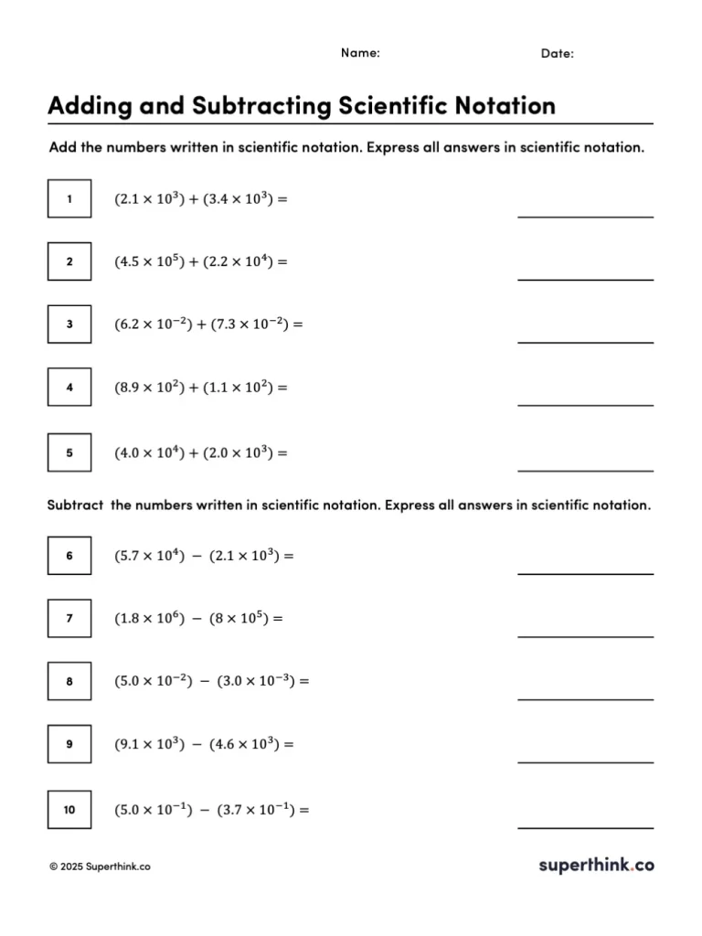 Image of an adding and subtracting scientific notation worksheet with 10 problems requiring students to add or subtract numbers written in scientific notation, including both like and unlike exponents.