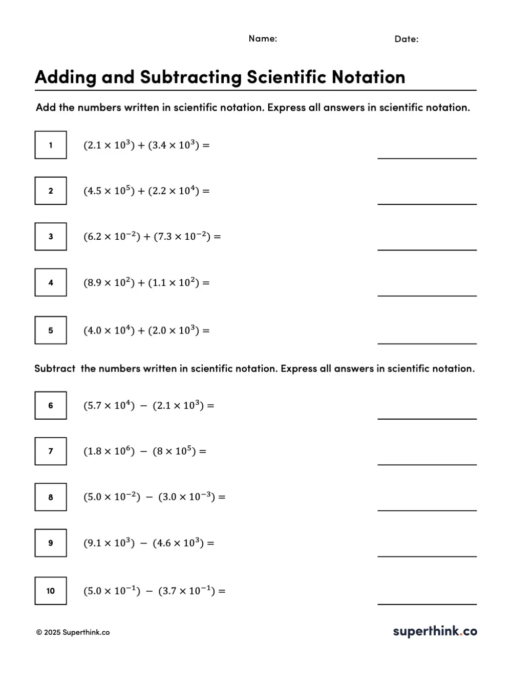 Image of an adding and subtracting scientific notation worksheet with 10 problems requiring students to add or subtract numbers written in scientific notation, including both like and unlike exponents.