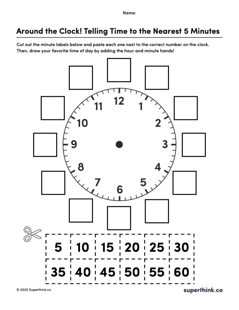 Printable telling time to the nearest 5 minutes worksheet with a blank clock face, 12 numbered boxes, and 12 cut-and-paste minute labels in 5-minute increments.