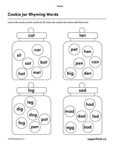 A printable rhyming words worksheet for kindergarten with four illustrated cookie jars, each labeled with a word (like "cat" or "log"). Inside each jar are six cookies with different words. Students must find and color the cookies that rhyme with the jar’s lid word.