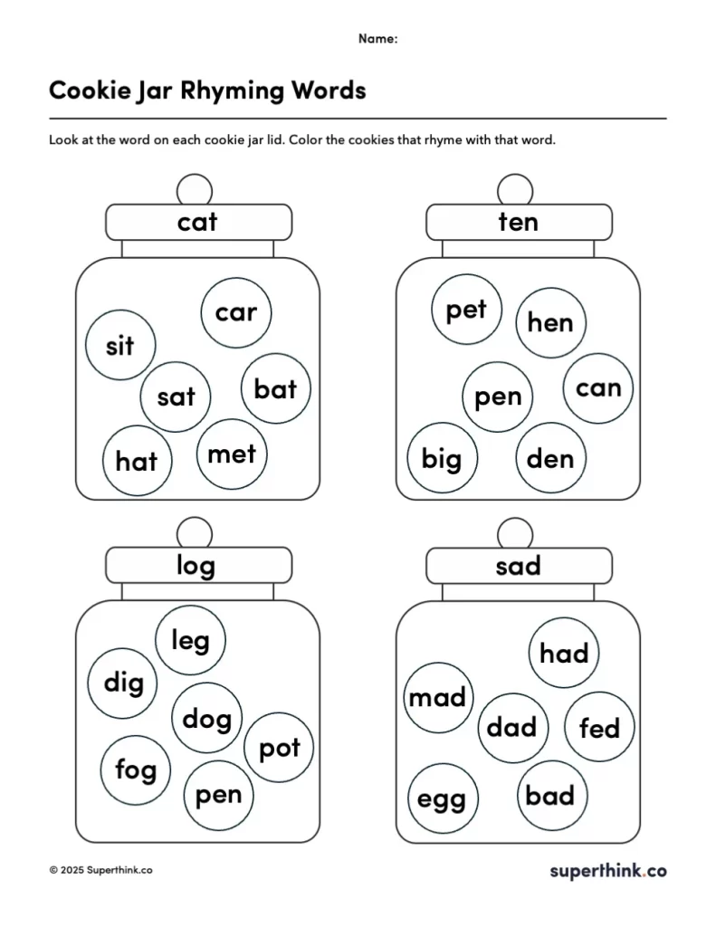 A printable rhyming words worksheet for kindergarten with four illustrated cookie jars, each labeled with a word (like "cat" or "log"). Inside each jar are six cookies with different words. Students must find and color the cookies that rhyme with the jar’s lid word.