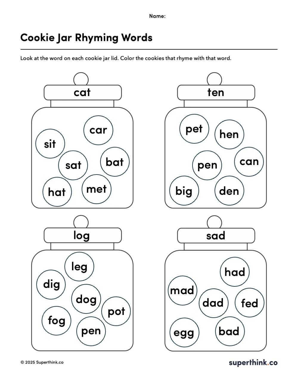 A printable rhyming words worksheet for kindergarten with four illustrated cookie jars, each labeled with a word (like "cat" or "log"). Inside each jar are six cookies with different words. Students must find and color the cookies that rhyme with the jar’s lid word.