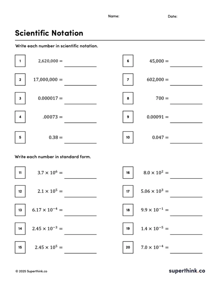 An image of a scientific notation worksheet with 10 problems converting standard numbers to scientific notation and 10 problems converting scientific notation to standard form.
