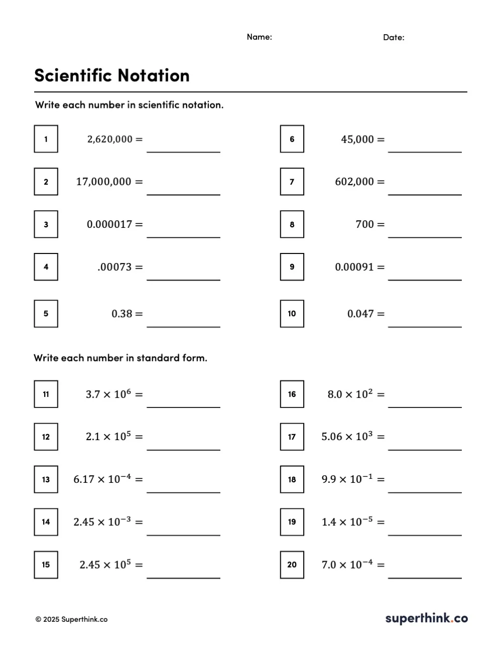 An image of a scientific notation worksheet with 10 problems converting standard numbers to scientific notation and 10 problems converting scientific notation to standard form.