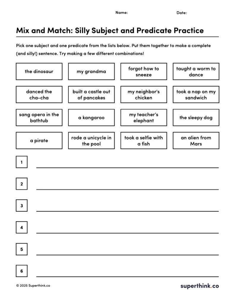 Students combine silly subjects and predicates to make complete sentences.