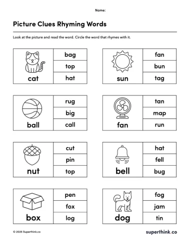 An image of a printable worksheet Picture Clue Rhyming Words Worksheet for kindergarten with eight picture-word pairs. Each question includes a matching illustration and three multiple choice options to choose the rhyming word.