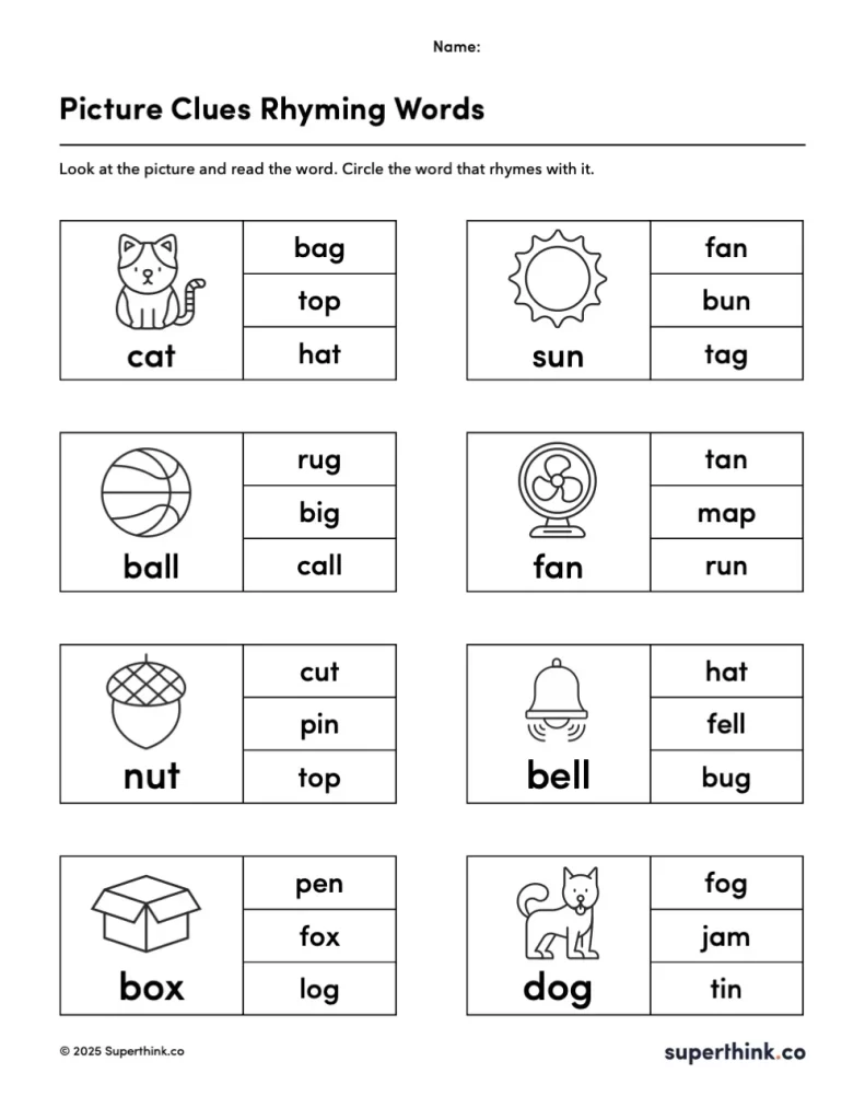 An image of a printable worksheet Picture Clue Rhyming Words Worksheet for kindergarten with eight picture-word pairs. Each question includes a matching illustration and three multiple choice options to choose the rhyming word.