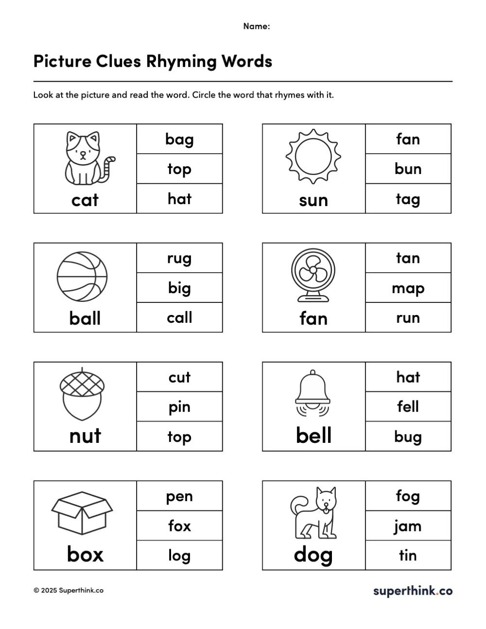 An image of a printable worksheet Picture Clue Rhyming Words Worksheet for kindergarten with eight picture-word pairs. Each question includes a matching illustration and three multiple choice options to choose the rhyming word.
