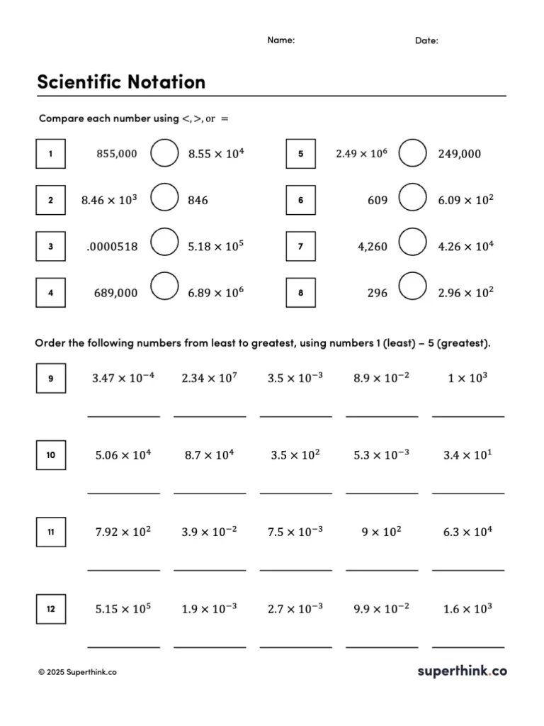 Scientific notation worksheet with problems comparing numbers in scientific notation and standard form using , or =, and problems ordering scientific notation values from least to greatest.