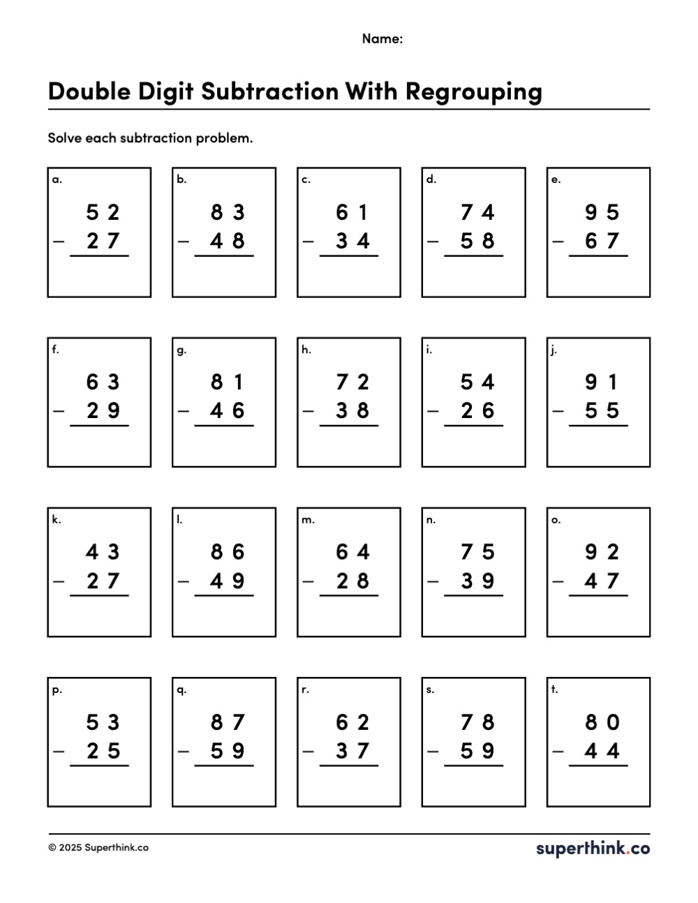 Printable worksheet titled “Double-Digit Subtraction With Regrouping” showing 20 vertical subtraction problems with large numbers and clear formatting.