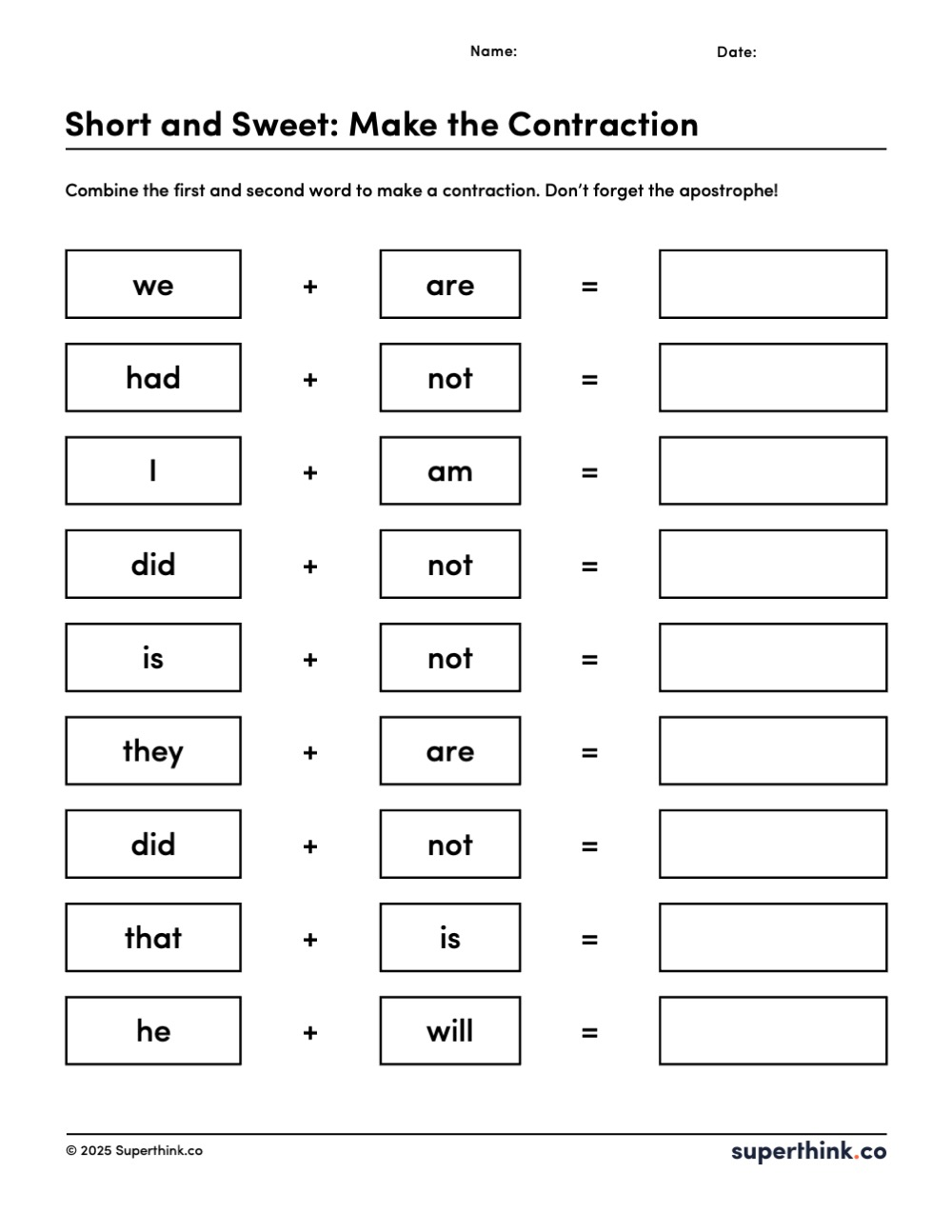A simple black and white contractions worksheet where students are asked to combine common word pairs like we are, had not, I am, and he will.