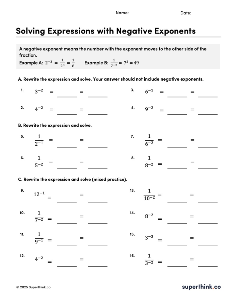 Printable solving expressions with negative exponents worksheet, where students rewrite expressions using positive exponents only.