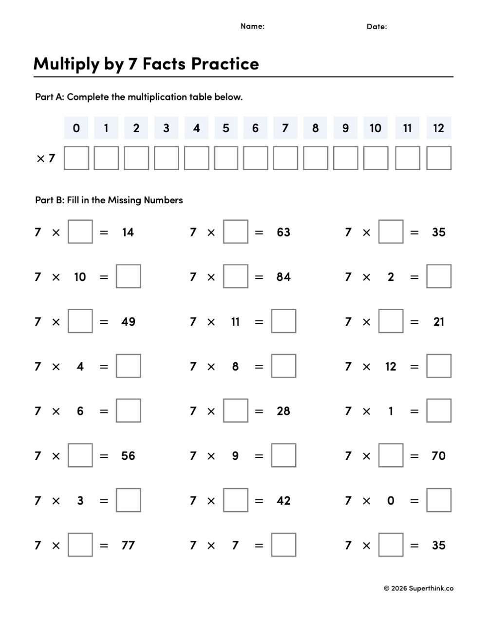 Printable multiply by 7 facts practice worksheet with a multiplication table and 24 missing-number problems for 3rd and 4th grade math.