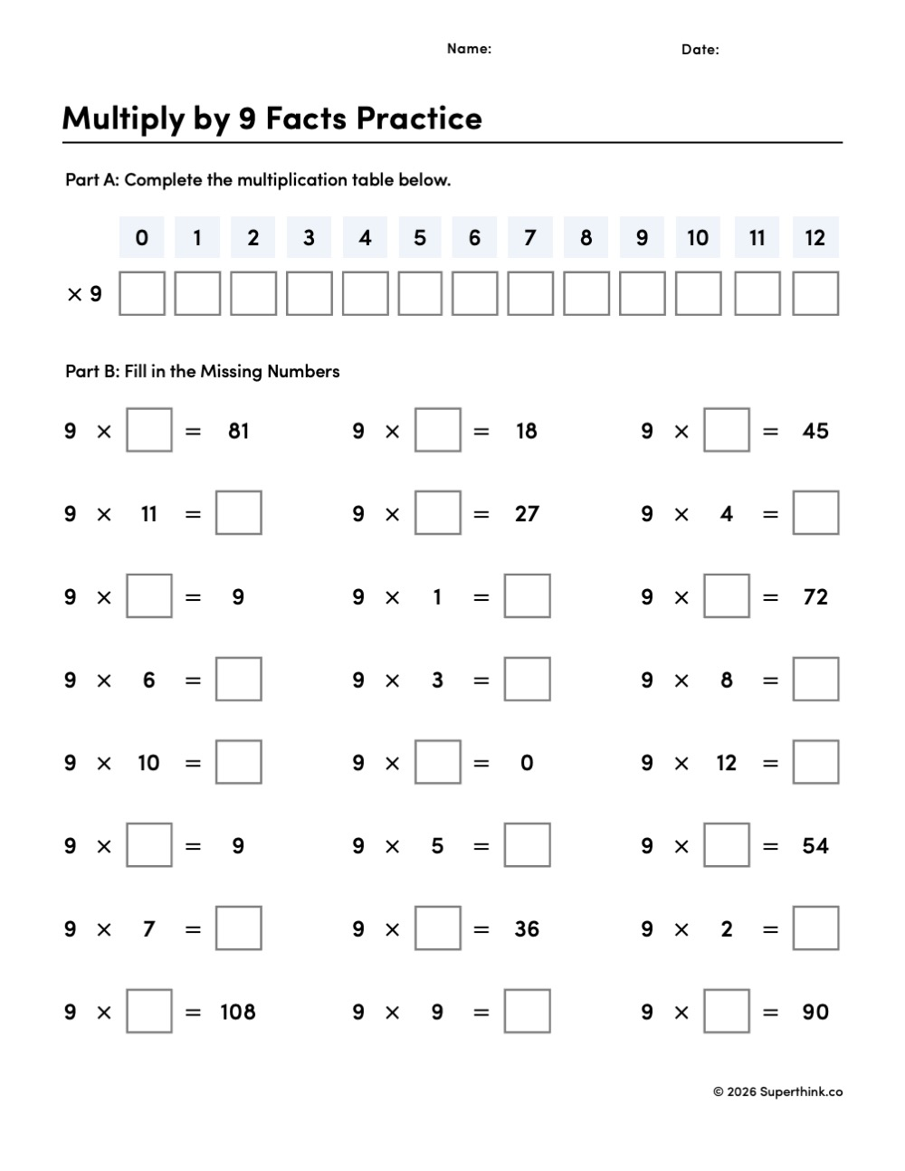 Printable multiply by 9 facts practice worksheet with a multiplication table and 24 missing-number problems for 3rd and 4th grade math.